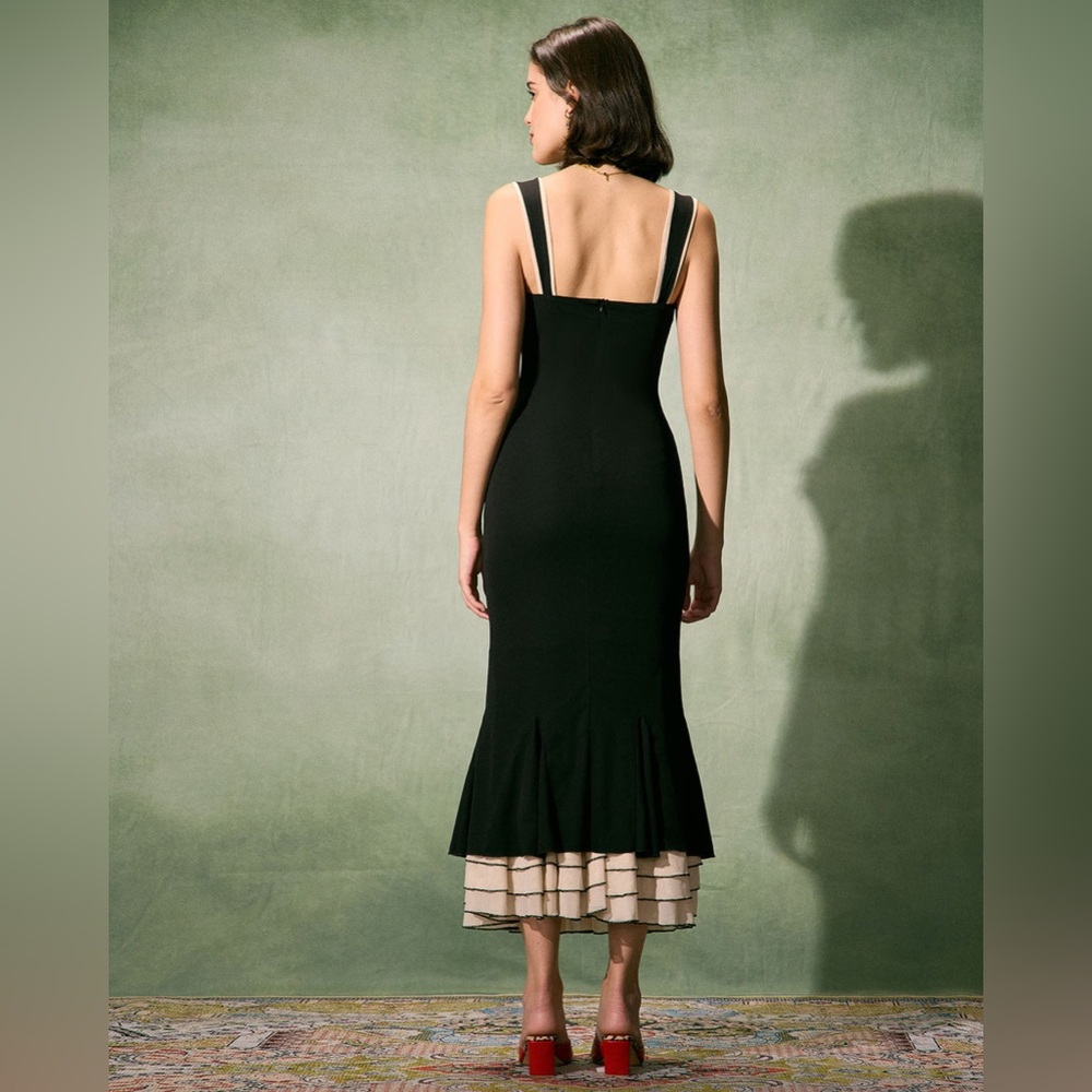 NWT RIHOAS XL Black Midi Dress Contrast Cream Ruffle Hem Sleeveless Elegant - Picture 3 of 10